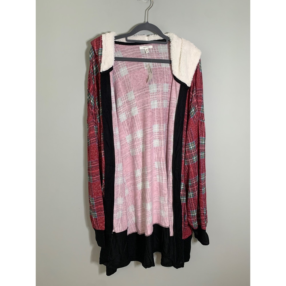 NEW Maurices Plaid Hooded Cardigan Women 4X Red Sherpa Lined Open Front Longline